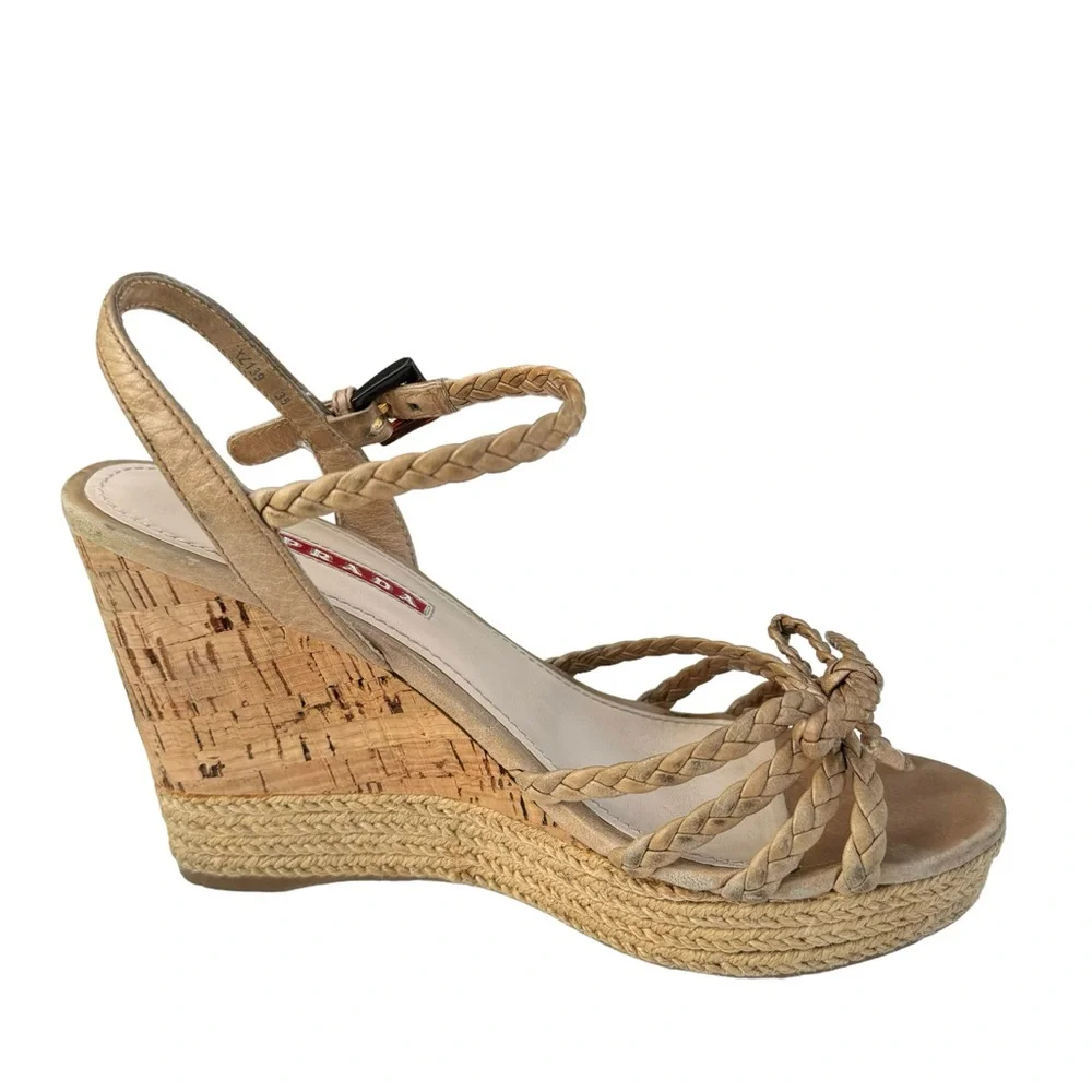 PRADA Strappy Sandals Cork Wedges Tan - Picture 5 of 16